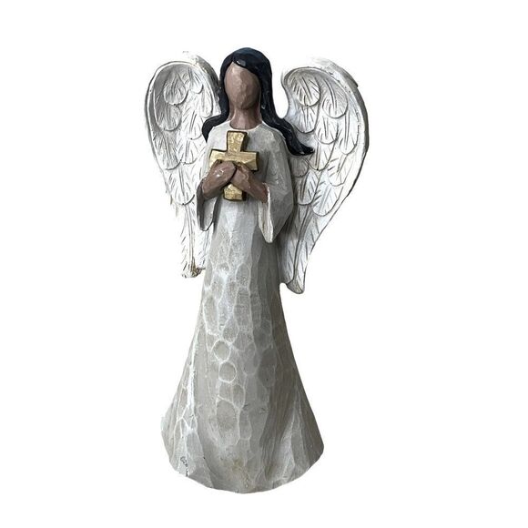 BURTON + Burton Carved Look Resin Angel Holding A Cross - Picture 1 of 9